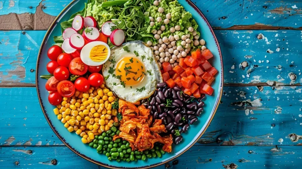 Assiette colorée montrant des sources de protéines pas chères comme les légumineuses, le poisson en conserve, les œufs, et le poulet, idéale pour une alimentation équilibrée sans se ruiner