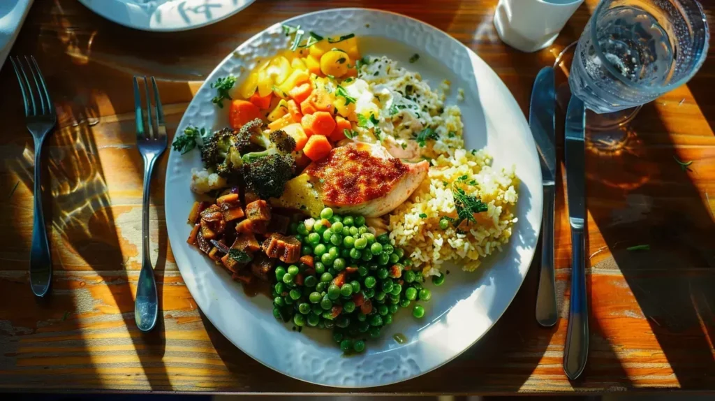 Assiette de repas équilibré contribuant au contrôle du poids, avec protéines, légumes et céréales complètes