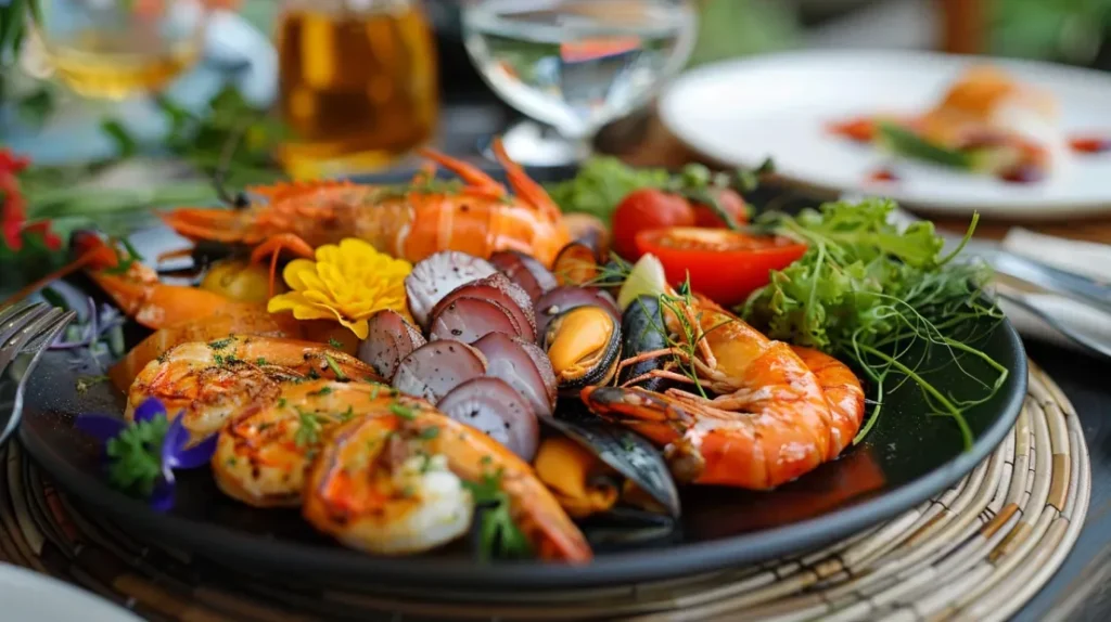 Assiette de repas sain riche en sources naturelles de glucosamine et chondroïtine, incluant fruits de mer et légumes, sur une table de salle à manger, promouvant une alimentation équilibrée pour la santé articulaire