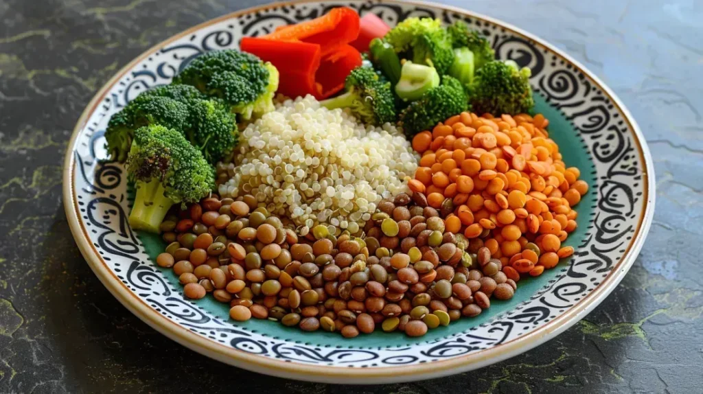 Assiette équilibrée de protéines végétales pour la musculation incluant quinoa, soja, lentilles et brocoli, idéale pour les sportifs suivant un régime vegan