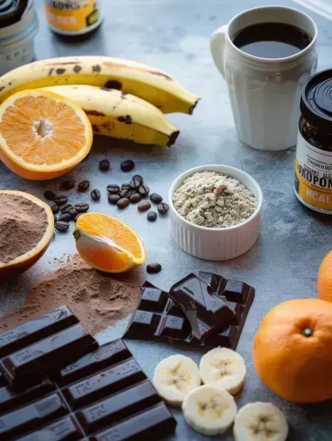 photo d'un Assortiment d'aliments et de suppléments pour un pre workout naturel, mettant en avant chocolat noir, oranges, bananes et café