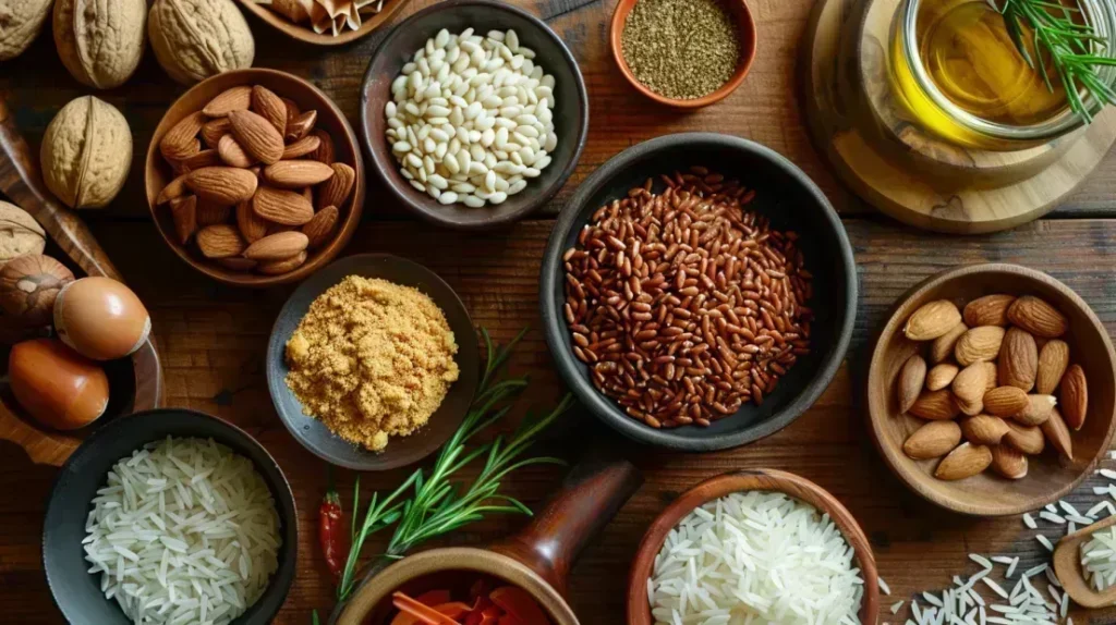 Assortiment d'aliments naturels riches en tocotriénols, comme l'huile de palme, le son de riz et les amandes, pour une alimentation bénéfique contre les maladies cardiovasculaires
