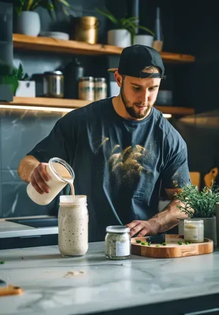 Athlète vegan préparant un shake protéiné avec des poudres à base de plantes telles que pois et riz dans une cuisine moderne, parfait pour compléter les apports en protéines vegan musculation