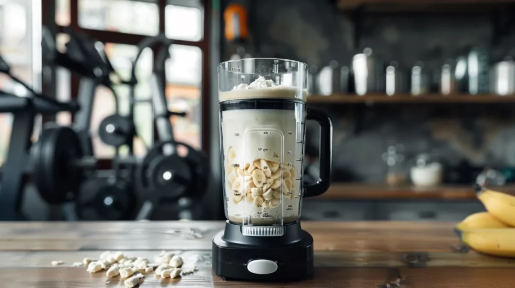 photo d'un Blender contenant un shake protéiné avec poudre de whey, bananes, et lait d'amande, sur fond de salle de gym avec haltères, pour la prise de masse musculaire