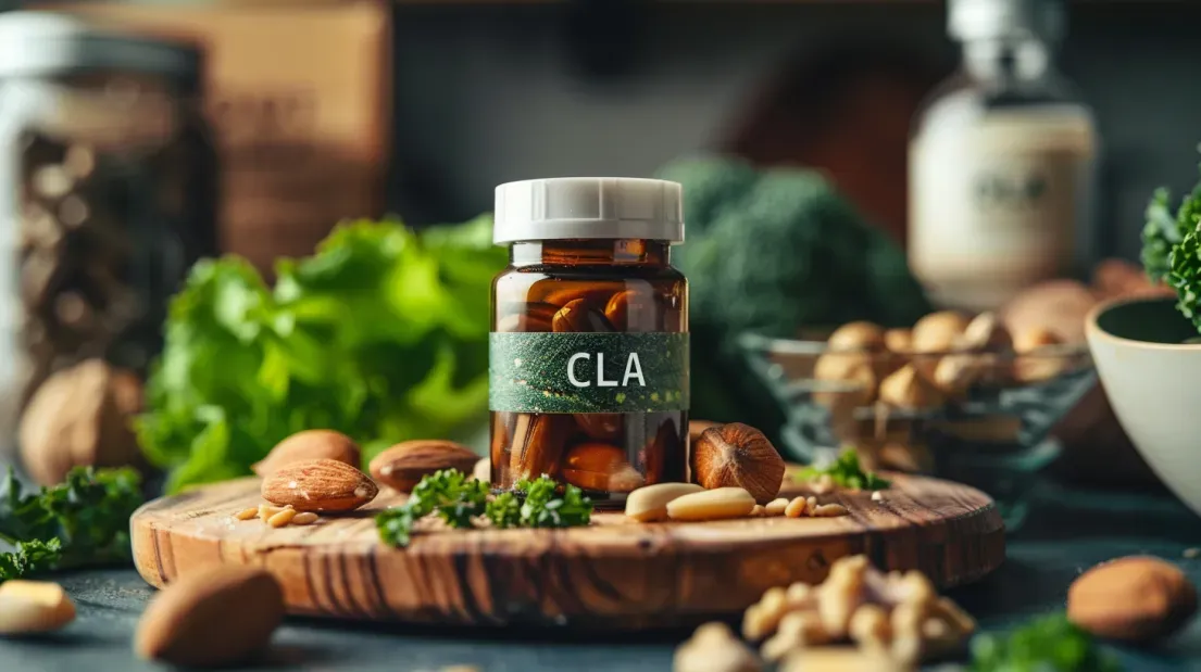 complément alimentaire CLA sur un fond d'aliments sains incluant légumes verts, noix et graines