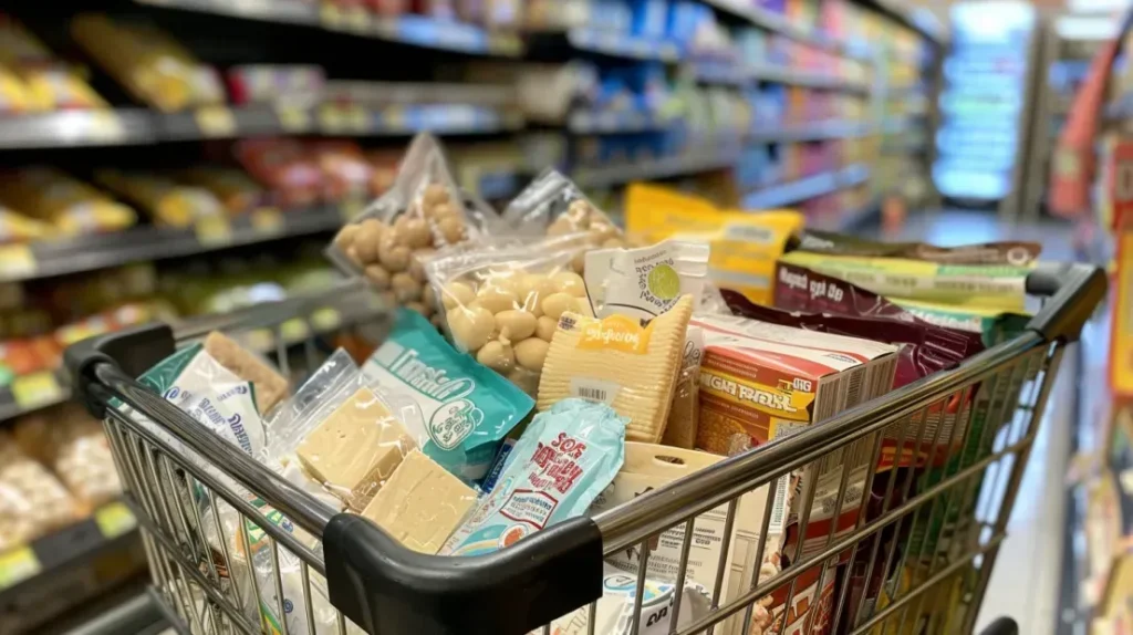 Chariot de supermarché rempli de divers produits à base de protéine de soja tels que le tofu, le lait de soja et la protéine de soja texturée, dans un rayon de supermarché, soulignant où trouver de la protéine de soja