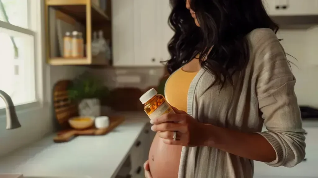 Femme enceinte tenant une bouteille de multivitamines dans une cuisine, mettant en évidence l'importance des multivitamines durant la grossesse pour la requête bienfaits des multivitamines