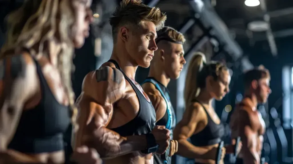 Groupe d'athlètes variés dans une salle de sport, mettant en avant le développement musculaire et l'énergie, illustrant les effets de la créatine
