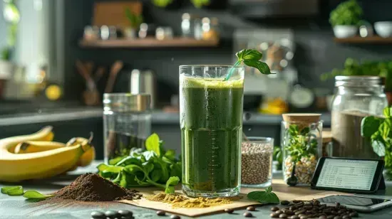 photo d'Ingrédients naturels pour pre workout sur une table de cuisine, avec shaker de boisson verte maison au centre,