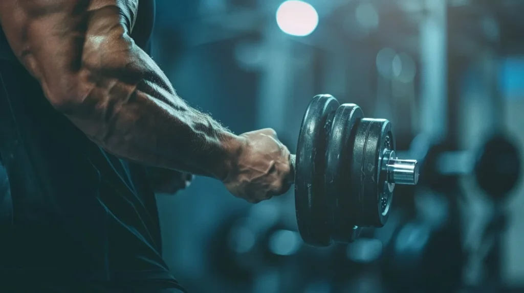 photo d'un Bras musclé tenant un haltère dans une salle de sport, illustrant la force et la prise de masse musculaire, soulignant l'engagement envers la musculation et le rôle crucial des protéines