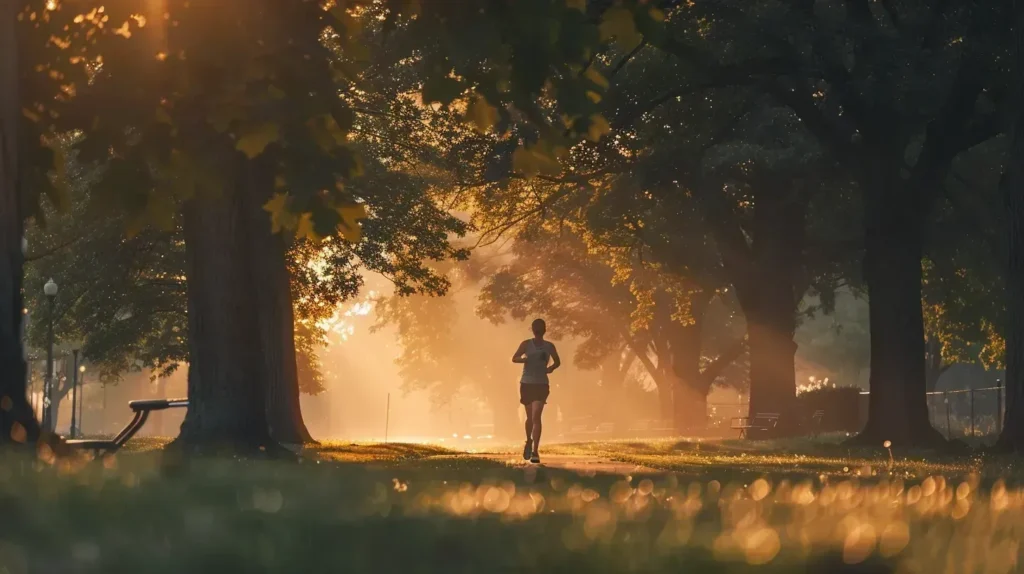 Personne faisant du jogging au lever du soleil dans un parc pour maintenir son contrôle du  poids 