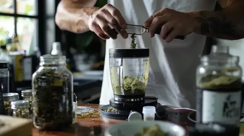 photo d'une Personne préparant un pre workout naturel maison avec des ingrédients comme le guarana, l'extrait de café vert et le thé vert, illustrant la requête "pre workout naturel