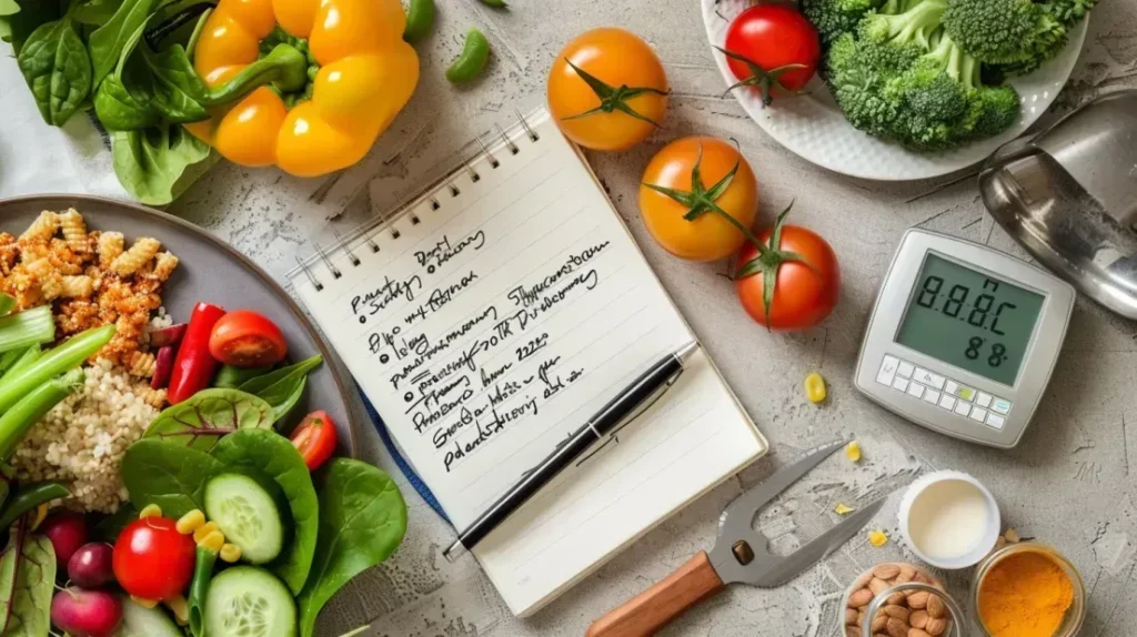 Plan alimentaire détaillé à côté d'une balance et d'un repas sain, offrant des conseils pour une sèche musculaire réussie
