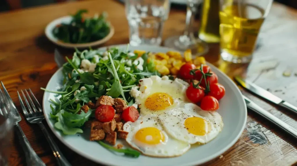 Repas équilibré sur une assiette avec un complément de CLA à côté, mettant en avant une alimentation saine en combinaison avec le CLA pour perdre du poids