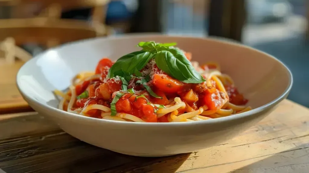 Sauce bolognaise végane à base de protéine de soja servie sur des spaghettis dans un bol blanc, garnie de basilic frais, illustrant une recette végétale protéinée