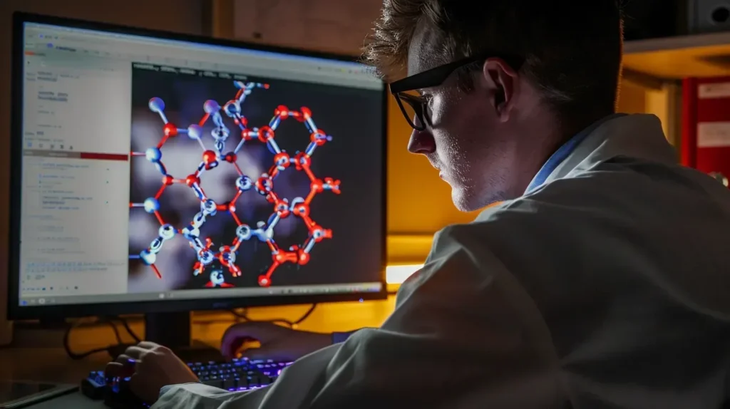 photo d'un scientifique recherchant la structure moléculaire du MSM sur un écran d'ordinateur