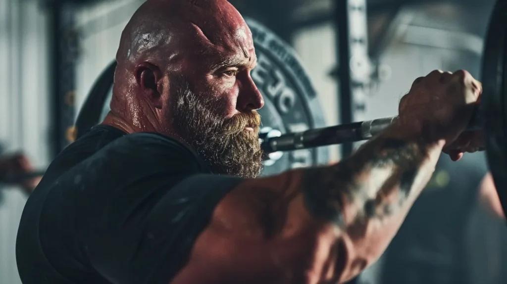 photo d'un homme en session intense de musculation mettant l'accent sur les squats, illustrant l'engagement musculaire et la force pour la prise de masse