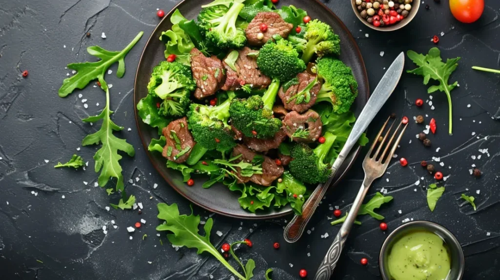Source naturelle d'acide alpha-lipoïque avec du brocoli et de la viande de bœuf sur une assiette, illustrant l'article sur les bienfaits de l'acide alpha-lipoïque