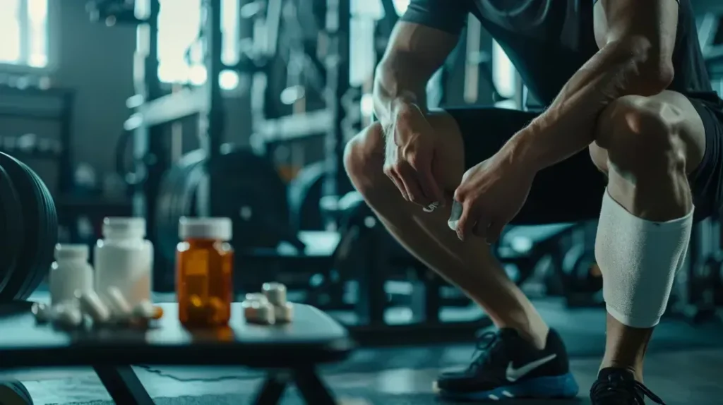 Sportif appliquant un soutien au genou dans une salle de sport avec des compléments de glucosamine et chondroïtine en arrière-plan, illustrant la prévention des douleurs articulaires