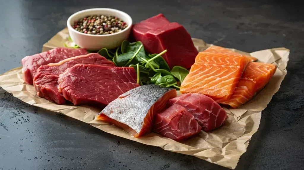 Variété d'aliments sains riches en créatine naturelle, incluant viande rouge et poisson, pour montrer les sources alimentaires de créatine