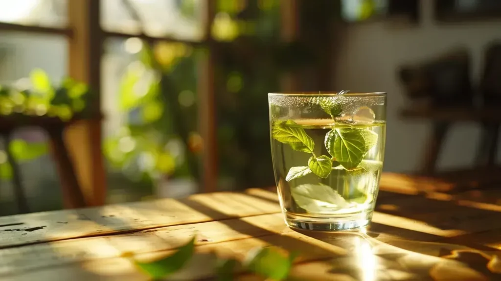 photo d'un verre d'eau et feuilles de thé vert sur une table en bois, boisson favorisant la satiété et le contrôle du poids