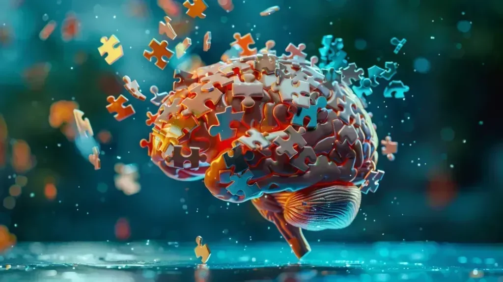 Cerveau composé de pièces de puzzle, soulignant les zones liées à la mémoire et à l'apprentissage, pour illustrer l'impact cognitif de la créatine