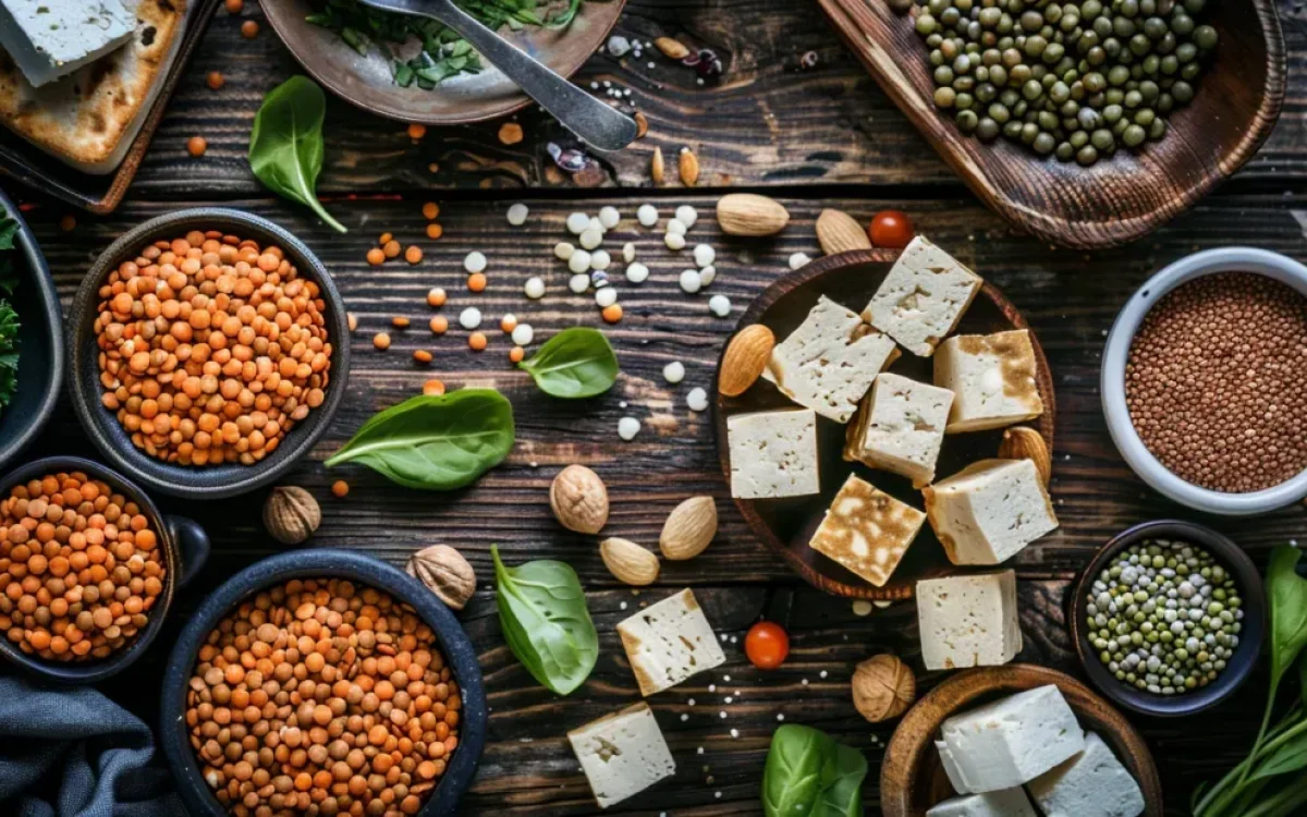 Assortiment diversifié de sources de protéines véganes sur une table en bois, incluant lentilles, tofu, quinoa, spiruline, graines et noix, idéal pour la musculation avec un régime vegan