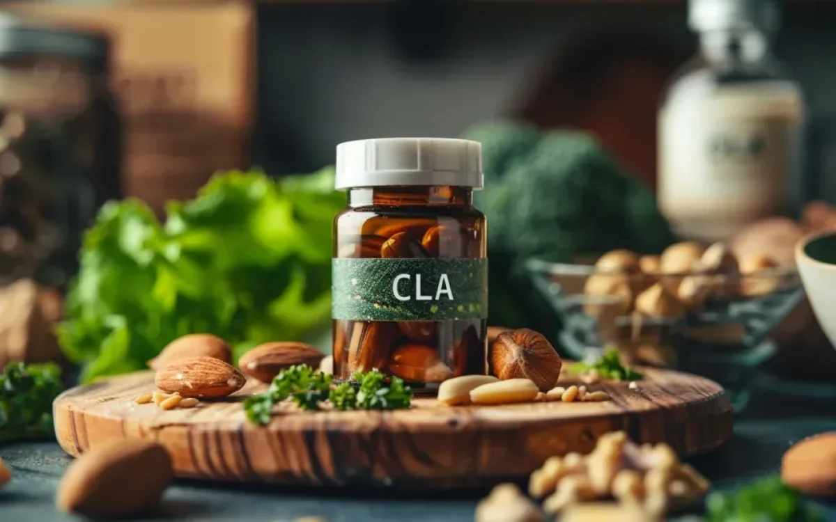 complément alimentaire CLA sur un fond d'aliments sains incluant légumes verts, noix et graines