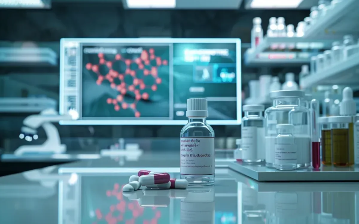 Laboratoire moderne avec une table élégante présentant une bouteille de compléments de glucosamine et chondroïtine, entourée d'équipements scientifiques et d'écrans affichant les structures moléculaires des composés