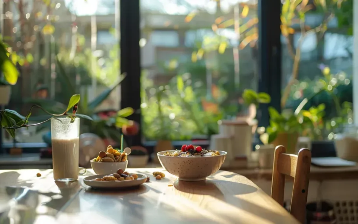 Petit-déjeuner sain sur une table de cuisine avec un bol de smoothie et un verre de bol de caséine micellaire, reflétant un style de vie équilibré